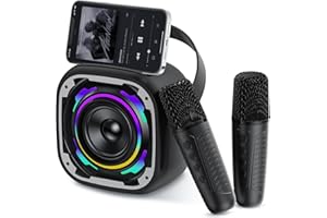 PKBD Mini Karaoke Machines 2 Microphones For Kids, Portable Wireless Bluetooth Speaker with Phone Holder/Dynamic Light/Voice Changer Effects, Karaoke Machine Gift for Girls Boys, Black