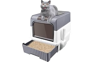 MUL-BOUTIQUE Bac à Litière pour Chat Texturé Mat, Pliable avec Couvercle, Fermé, WC avec Pelle, 2 Ouvertures 49 * 35 * 37cm (Gris)