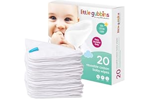 LITTLE GUBBINS, FOR EVERY LITTLE ADVENTURE Little Gubbins 20 Cotton Terry Baby Wipes | Pack of 20cm x 20cm Reusable, Soft White Towelling Cloths | Ideal for Mucky Bums, Hands and Faces | 100% natural & Plastic Free