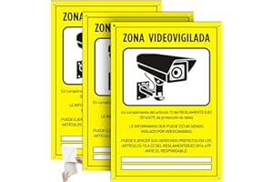 DAOUZL Señal Zona Videovigilada, Cartel de PVC glaspack 0,7mm A4 21 x 30cm, 3 PCS Carteles de Zona Videovigilada, Cartel Zona Videovigilada Interior/Exterior, con Autoadhesivo y Agujeros Pretaladrados