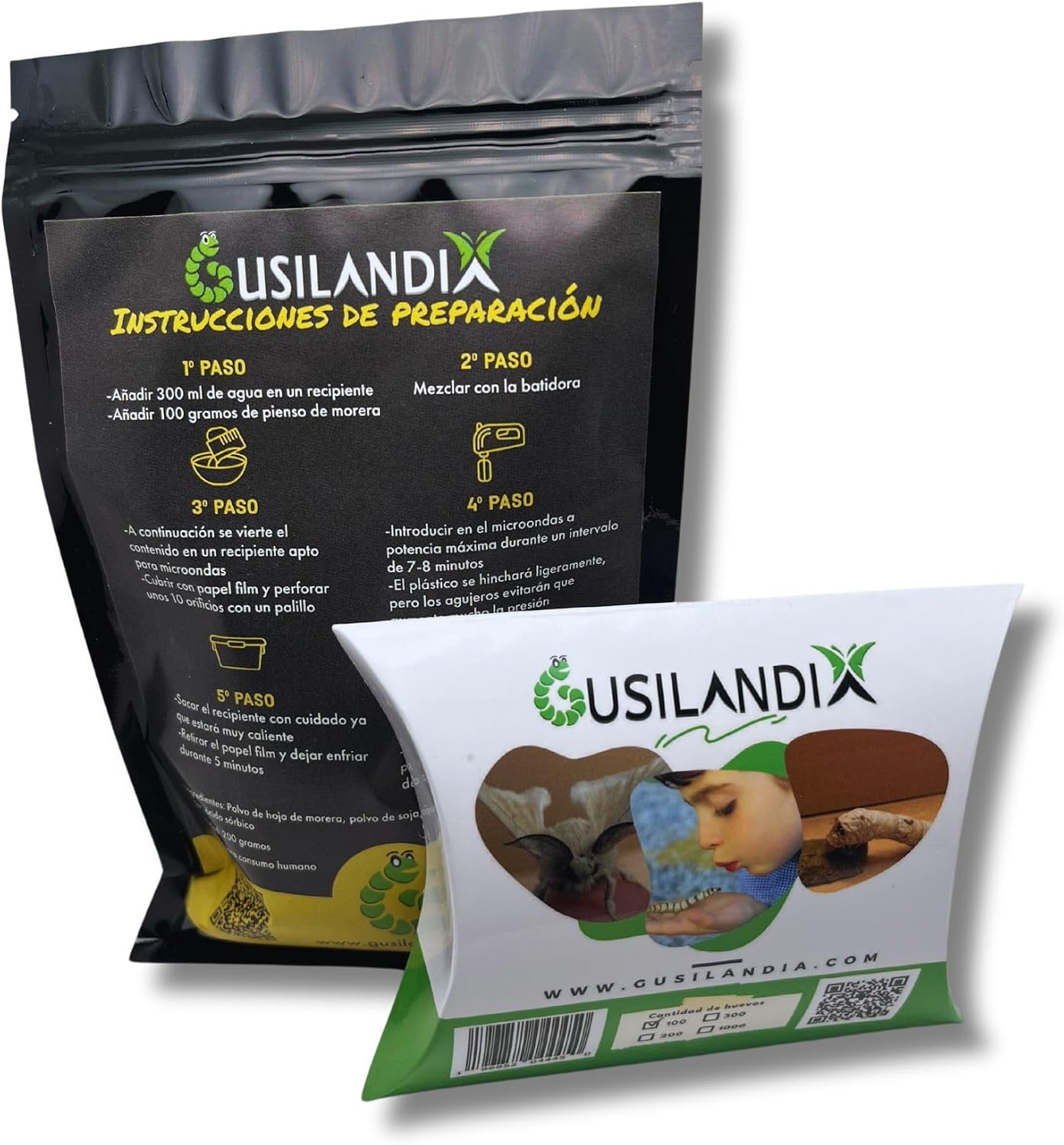 Gusilandia Kit Gusanos de Seda y pienso de Morera – Eclosión rápida -100 Huevos y 200 Gramos de Comida
