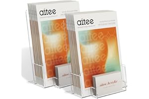 AITEE DIN A5 Tisch-Prospektständer: 2 Stück Acryl Transparenter Flyerständer mit Visitenkartenhalter Freistehende Prospekthalter für Counter Büro Restaurant Rezeption