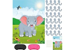 PLULON Pin the Nose on the Elephant Party Game with 24Pcs Elephant Nose Stickers for Kids Birthday Party Supplies, Animal Party Carnival Party Supplies