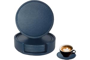 Bdfgh Set of 6 Leather Coasters with 1 Holder for Drinks, Drink Coasters Table Coaster Room/Kitchen/Living Room Accessories, for Cups Mugs Housewarming Gifts Home Decoration Green Navy Black (Navy)