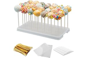 TAIHUIMY 28 Holes Cake Pop Stand for Cake Pops, Lollipop Hold Stand, Cake Pop Display Holder, Candy Pop Holder with 100 Pcs Cake Pop Sticks, 100 Pcs Cake Pop Bags, 100 Pcs Gold Twist Ties (White)