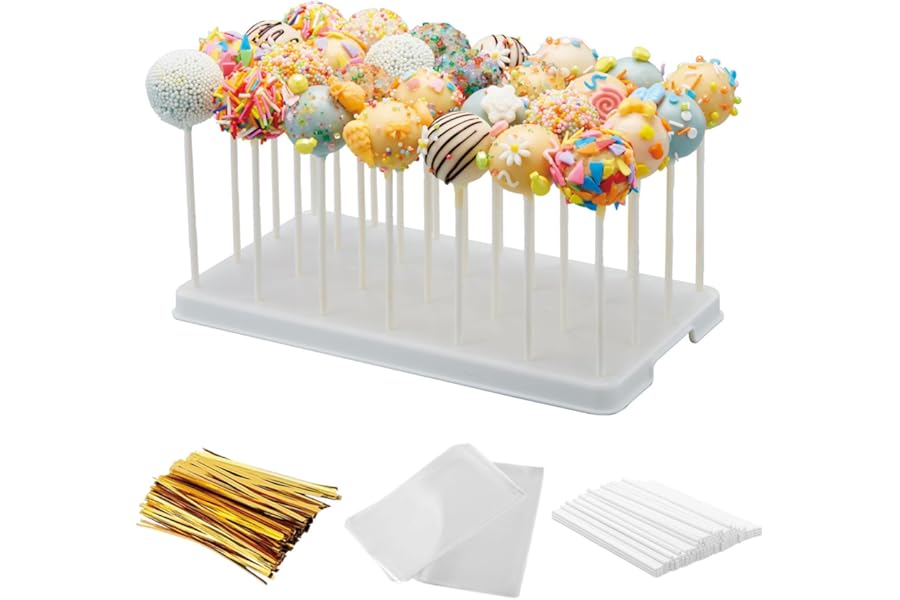 28 Holes Cake Pop Stand and Wrappers Set, Lollipop Hold Stand, Candy Pop Holder with 100 Pcs Cake Pop Sticks, 100 Pcs Treat Bags, 100 Gold Twist Ties (White)
