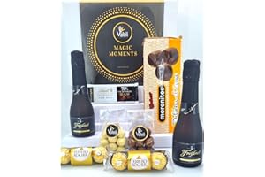 Valeli, Freixenet Italian Rosé 2 cava mini 200ml. Cesta delicatessen bombones Ferrero Rocher, Lindt. Regalo original Navidad, San Valentín, Cumpleaños.Estuche gourmet para regalar (Gorden Negro Brut)