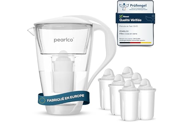 PearlCo - Carafe avec filtre à eau en verre - blanc - 6 cartouches Universal classic incluse (compatible avec Brita Classic)