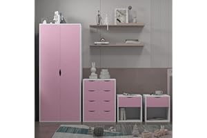 AFN Home Delvito 4 Piece Bedroom Furniture Set - Includes Wardrobe, 5 Drawer Chest, Bedside Cabinet (Pink on White)