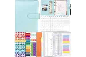 Ambolio planer budżetowy w formacie A6, segregator z koszulkami, 90 sztukz arkuszami budżetowymi, wkładami do segregatora, planer tygodniowy, papier do pisania, etykiety z kategoriami, niebieski