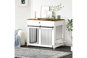 DAWNYIELD Cage pour Chien, Caisse pour Animaux de Style Meuble avec Portes Coulissantes, Niche D'intérieur en Bois avec tiroir, Maison pour Chien avec Gamelle Pivotante à 360°, Blanc