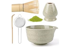 GERBALA 5 Pièces Matcha Kit, Ensemble à Matcha, Kit à Matcha, Avec Cuillere Matcha, Bol Matcha Bec Verseur, Fouet a Matcha, Support de Fouet à Matcha, Tamis à Matcha, pour La Cérémonie Du Thé Matcha (B)