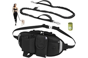 VOBUKE Laisse pour Chien Main Libre, Élastique Absorption de Choc Ceinture Chien Jogging avec Sac Banane Réglable Coutures Réfléchissante Laisse Chien Main Libre (Noir)