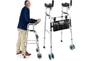 EASYVIBE Dual-Wheel Walking Frame with Armrest Pad - Aluminum Stand Up Walker for Elderly, Upright Walker with Arm Support on Wheels, Height Adjustable Mobility Walking Frame,with Small Storage Bag, Silver