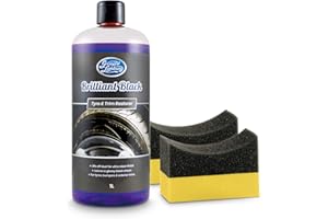 Greased Lightning Brilliant Black Tyre & Trim Restorer - Restores New Look Shine to Car Tyres and External Trims, Quick and Easy Application - 1 Litre Plus 2 Tyre Sponges