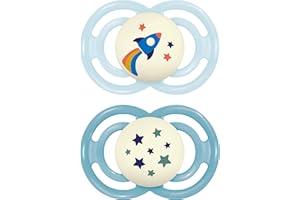 MAM Perfect Night Confezione Doppia Succhietto 6+ Mesi (Set da 2), Ciuccio MAM 6-16 mesi che si illumina al buio, Kit da 2 accessori neonato per lo sviluppo orale con porta ciuccio, Azzurro