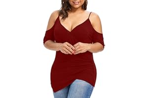 FUNALOE Ladies Tops Sale,Jumpers for Women UK Plus Size Ladies Blouses V Neck T Shirts Off The Shoulder Tops Cold Shoulder Tops Summer Tops Short Sleeve Top Shirts Fashion Asymmetric T-Shirt Tops