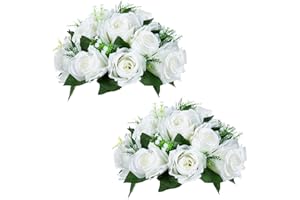 NUPTIO 2 Pièces Fleurs Artificielles, 15 Têtes de Roses Plastique avec Base, Convient au Centre de la Table Mariage Notre Magasin pour Les Fêtes Décoration de Saint Valentin(Blanc)