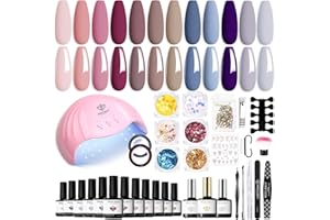 modelones Lot de 12 vernis à ongles UV, rose, gris nude, kit de démarrage avec lampe UV pour ongles en gel, 48 W, base top coat, kit de manucure, kit de manucure