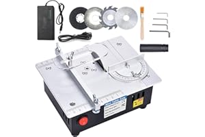TECHEXTRA Mini sega circolare da tavolo, alimentatore di rete a 7 velocità, precisione regolabile, con 4 lame, 96 W, sega circolare da tavolo, lama da 0,1 – 15 mm, regolabile in altezza e linguetta di sicurezza