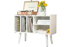 LKKRO Record Player Stand with Vinyl Storage Holds Up to 300lb, Large Record Player Table Cabinet for Album Storage with Holder Vinyl Display Shelf, Wood Turntable Stand for Bedroom Living Room (White)