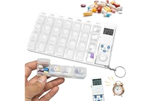 Sporgo Tablettenbox 7 Tage mit Alarm: Pillendose 7 Tage 4 Fächer, Medikamentenbox 7 Tage mit Timer und Wecker Erinnerung, Tragbarer Tablettenspender 7 Tage Tabletten Organizer für Medikamente (Weiß)