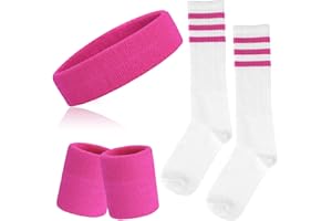 ONUPGO 5-teiliges gestreiftes Schweißband und Socken-Set, gestreiftes Stirnband, Schweißbänder, gestreifte hohe Socken für Männer, Frauen, Sport und 80er-Party