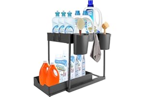 ABOVE ZERO Organizer Sottolavello Cucina 2 Livelli, 4 Ganci e 2 Vasche Sospese, Antiscivolo e 1 Tazza Appesa Organizzatore Portadetersivi Sotto Lavello da Cucina