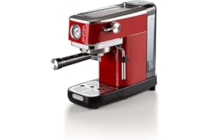 Ariete Espresso Slim Metal 1381, Macchina da Caffè con Manometro, Compatibile con Caffè in Polvere e Cialde ESE, 15 Bar Massime, Filtro 1 o 2 Tazze, Lancia per Cappuccino, 1300W, Rosso