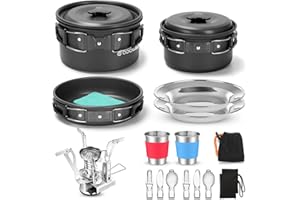 Odoland Camping Cookware Set with Pots and Frying Pan Cup Plates Folding Cutlery Gavette for 1-2 People Lightweight and Compact for Camping Trekking Picnic Hiking