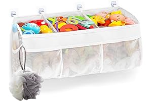 HYEPNED Bath toy storage net, bath toy storage bag with 3 horizontal large openings, 2 side pockets and 5 powerful suction hooks for sorting toys and organizing various items