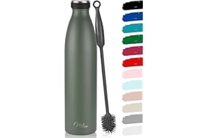 Milu Botella de acero inoxidable de 350ml 500ml 750 ml 1 L 1,5 L botella de agua aislada, termo a prueba de fugas, doble pared, apta para ácido carbónico + cepillo de limpieza (Verde oliva, 1,5 L)