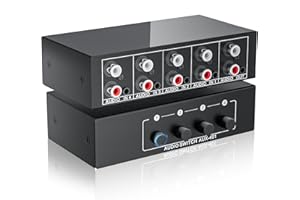 BolAAzuL Commutateur Audio Stéréo RCA Bidirectionnel 4 Entrées 1 Sortie/1 Entrée 4 Sorties, Répartiteur Audio Stéréo 3.5mm Aux + RCA L/R, sans Alimentation Nécessaire, Boîte de Sélection Audio Passif