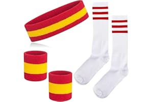 NANXJIUR 5 Pieces Sweatband Striped Sock Set Sports Headband Wristbands High Tube Socks 80s Accessories for Men Women 80s Costumes Theme Party Striped Sock Set
