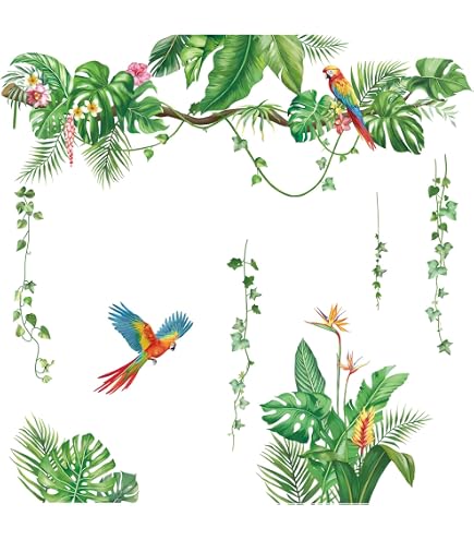 Supzone Stickers Muraux Plantes Tropicales Jungle - Autocollant Palmier Feuillage Exotique Amovible