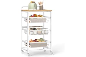 VASAGLE Carrito de Almacenaje de 4 Niveles, con Cestas Extraíbles, Estante de Cocina con Ruedas y Asa, 31,7 x 40 x 76 cm, Roble Dorado y Blanco Mate LRC040Y01