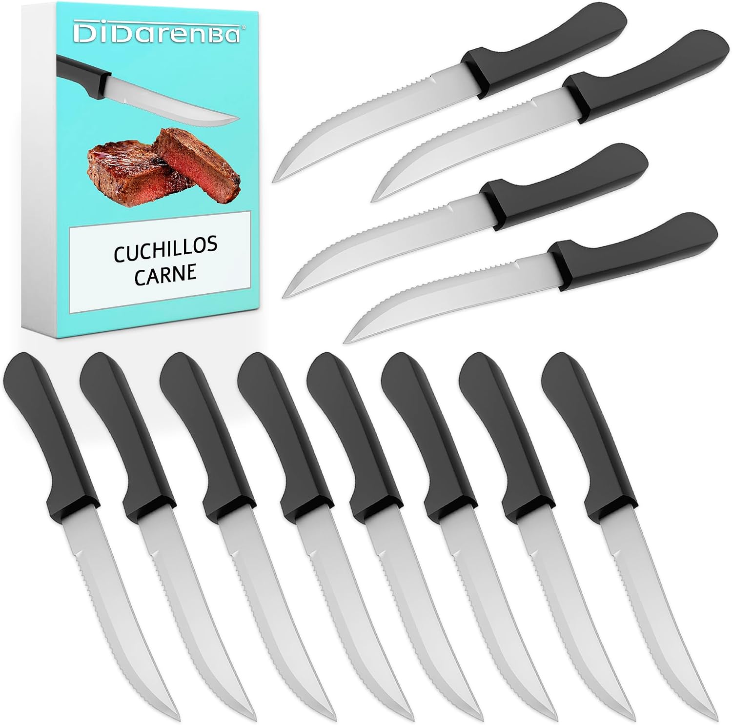Didarenba Cuchillos carne mesa de acero inoxidable 12 uds – Siempre afilados con filo sierra – Corte sin esfuerzo para bistec y chuletón – Ideales para familias y restaurantes – Aptos lavavajillas