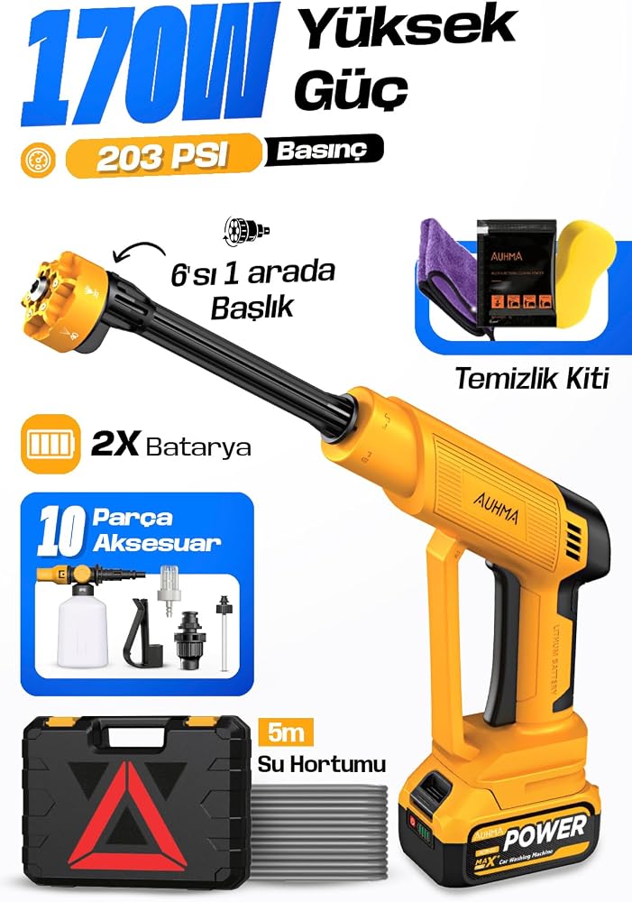 Auhma Acr-10 Şarjlı Araç Yıkama Makinesi Sarı 203 Psi 170W Basınçlı Oto Yıkama Seti | 3820 Fırçasız