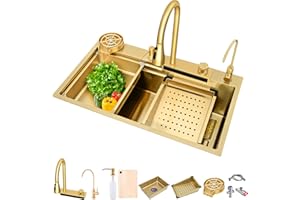 NOYHHAV Evier cuisine 1 bac avec robinet de cuisine evier multifonction avec accessoire cuisine douchette evier cuisine 2 bacs bac inox evier doré lavabo cuisine (75 * 45 * 22CM, OR)