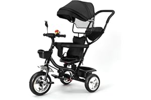 SUPFINE Tricycle Bébé Évolutif, Tricycle évolutif 4 en 1, Tricycle Enfant de 9 Mois jusqu'à 25 kg, avec Tige de Poussée Réglable en Hauteur, Siège Rotatif d'avant en Arrière, Auvent Rabattable (Noir)