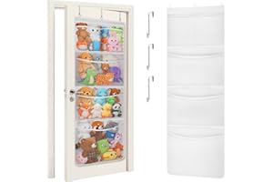 Lifewit Over Door Toy Storage, 1 Pack Stuffed Animal Organiser with 5 Expandable Mesh Pockets, Breathable Hanging Kid Plush Net Hammock Baby Toy Holder for Wardrobe, Nursery, Bedroom, Bathroom, White