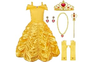 Cnexmin Deguisement Belle Princesse Fille Costume Robe Belle Et La Bete Enfant Princesse Belle Hors éPaule Avec Accessoires Pour Cosplay Carnaval FêTe D'Anniversaire 2,3,4,5,6,7,8,9,10ans