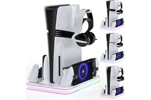 Aceshop Support PS5/PS5 Slim/Pro avec Ventilateur de Refroidissement, Station de Charge pour Accessoires P5/P5 Slim/Pro pour Portal et Contrôleur Dual Sense/Edge