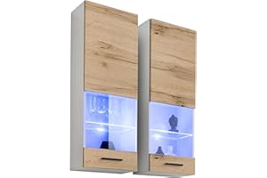 ExtremeFurniture T51 Wall Hanging Cabinets, Carcass in White Matt/Front in Wotan Oak Matt + Multicolour LEDs with Remote