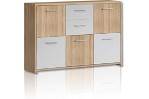 ‎FORTE FORTE Quadro Kommode mit 5 Türen und 2 Schubladen, Holzwerkstoff, Sonoma Eiche / Weiß, 113.9 x 77.5 x 29.6 cm