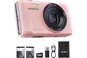 SOOMFON Appareil Photo Numérique Max 72MP avec vidéo 1080P, Digital Camera Zoom 16X 19 Filtres, Appareil Photo Compact avec 2 Batteries et Carte 32 Go, Digital Camera pour Adulte/Débutant/Enfant-Rose