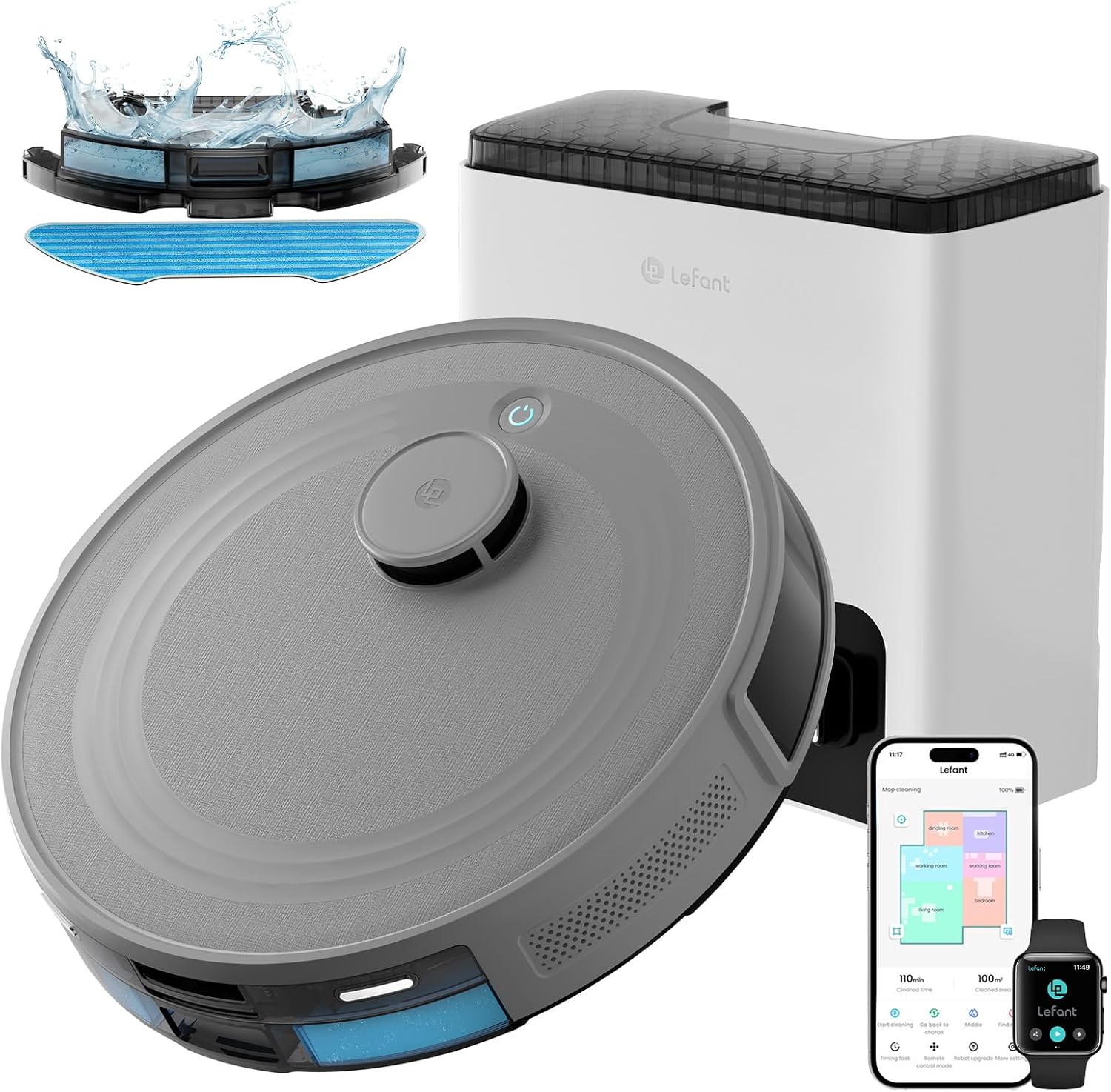 Lefant M2S Plus Robot Aspirador y Fregasuelos Lavador con Estación, 10000Pa, 240min, Navegación dToF, Aspirador Automático Polvo, Evasión de Obstáculos, Alexa/App/WiFi