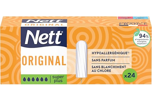 Nett – Tampon Original Super Plus Sans Applicateur (boîte de de 24 pièces) – Tampons hypoallergéniques, sans parfum et sans blanchiment au chlore – Protection hygiénique pour flux très abondants