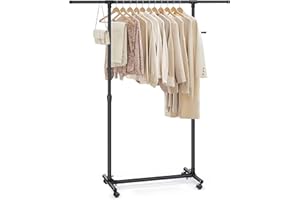 ‎SONGMICS SONGMICS Kleiderständer auf Rollen, Kleiderstange, höhenverstellbar zwischen 97 und 165 cm, ausziehbare Garderobenstange, Garderobenständer, seitliche Haken für Accessoires, schwarz LLR001B01