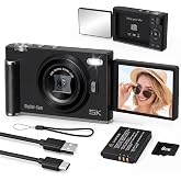 Digital Camera 5K Selfies 180&deg; Screen with Mirror for Beginner Black